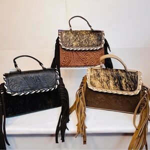 Brown and Tan Leather Fringe Bag / Mini shoulder crossbody Cowhide Leather (H)